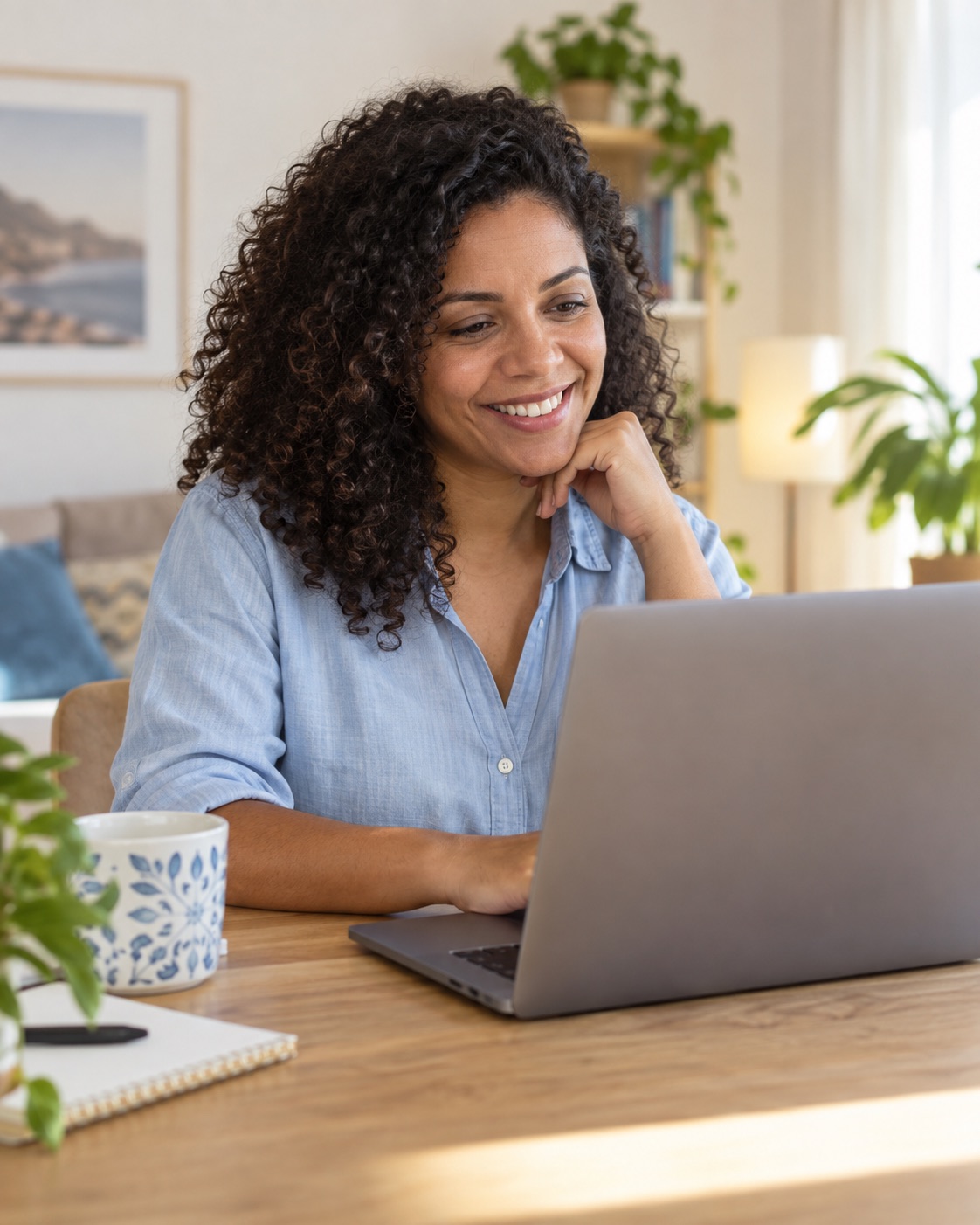 Mulher em casa conversando pelo computador, em uma cena ilustrativa de atendimento online